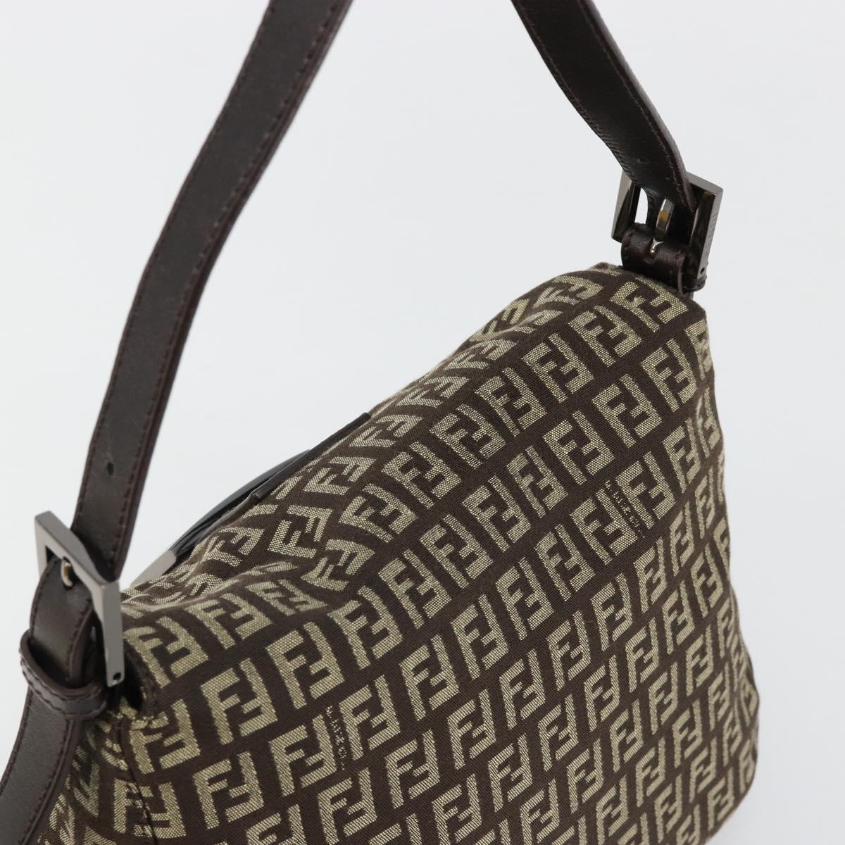 FENDI Zucchino Canvas Mamma Baguette Shoulder Bag Silver Brown Auth 182652SAM