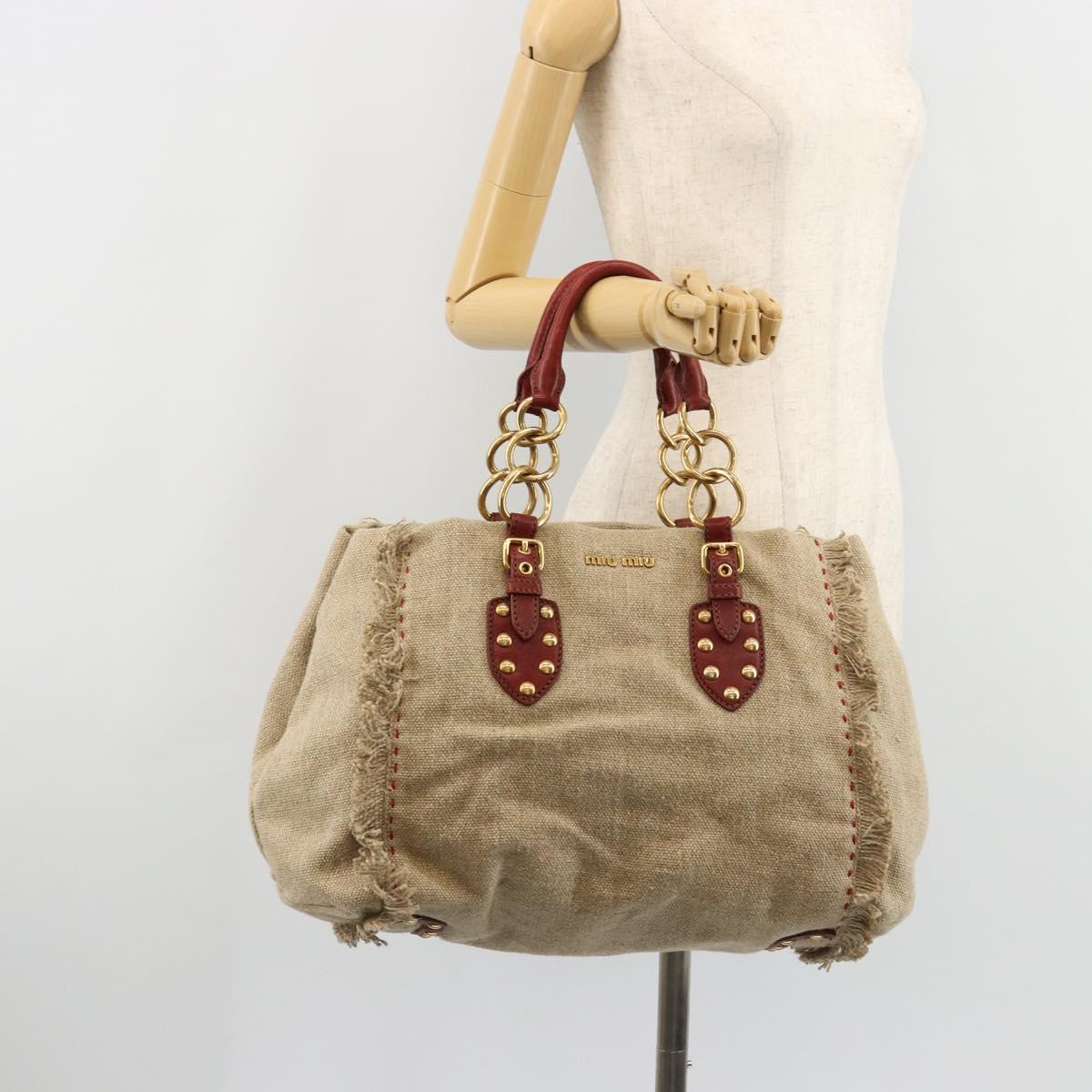 Miu Miu Hand Bag Canvas Beige Gold Auth 182663A