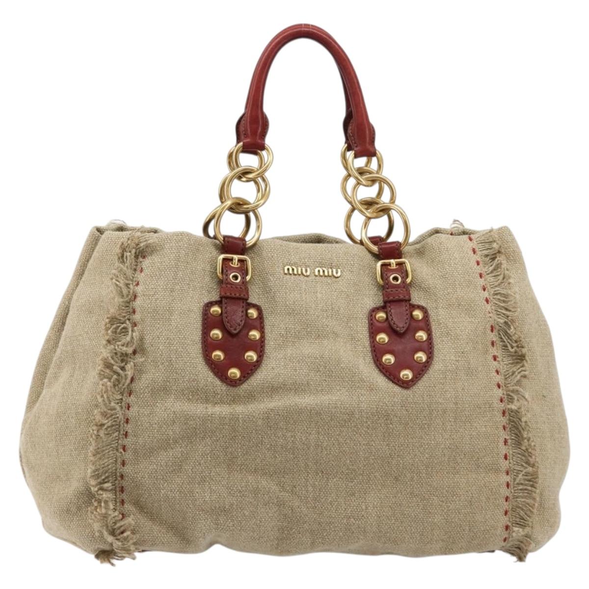 Miu Miu Hand Bag Canvas Beige Gold Auth 182663A