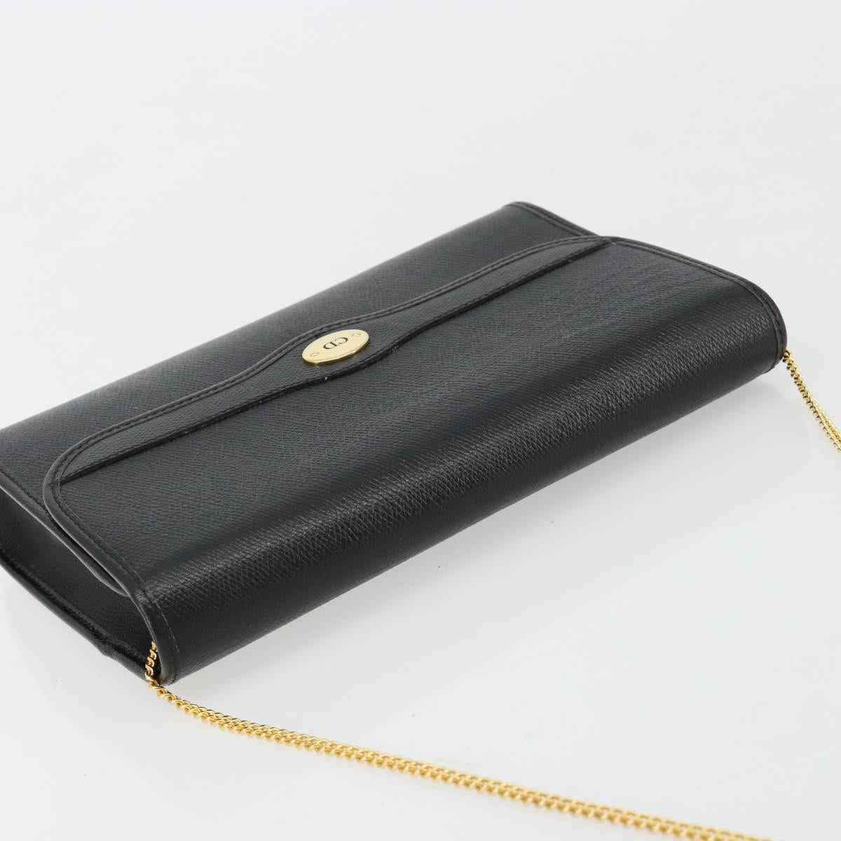 Christian Dior Chain Shoulder Bag Leather Black Gold Auth 183671