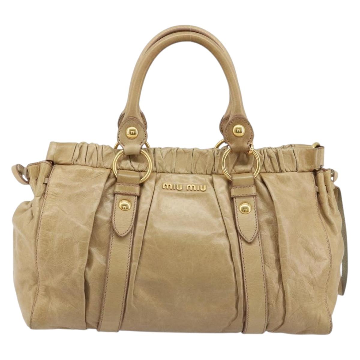 Miu Miu Hand Bag Leather 2way Beige Gold Auth 182679SAM