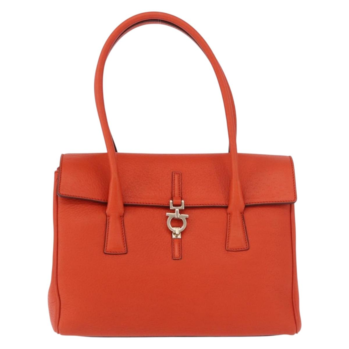Salvatore Ferragamo Gancini Hand Bag Leather Orange Gold Auth 182721A