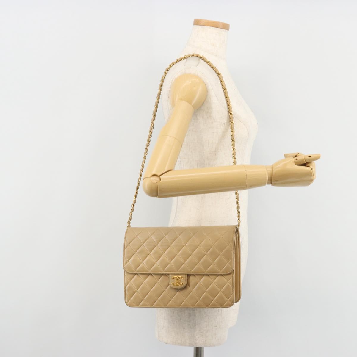 CHANEL Matelasse 25 Chain Shoulder Bag Lamb Skin Beige Gold CC Auth 182740