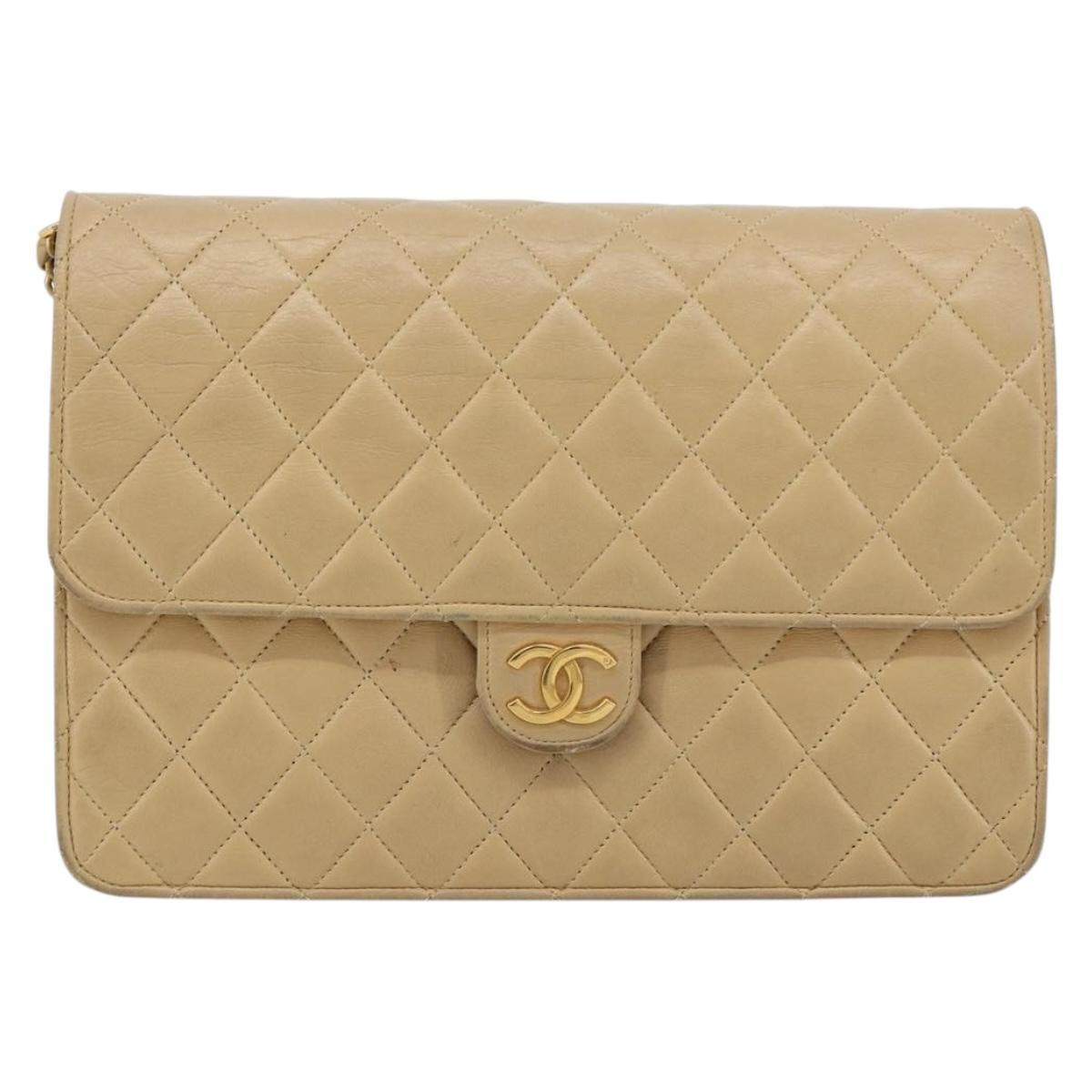 CHANEL Matelasse 25 Chain Shoulder Bag Lamb Skin Beige Gold CC Auth 182740