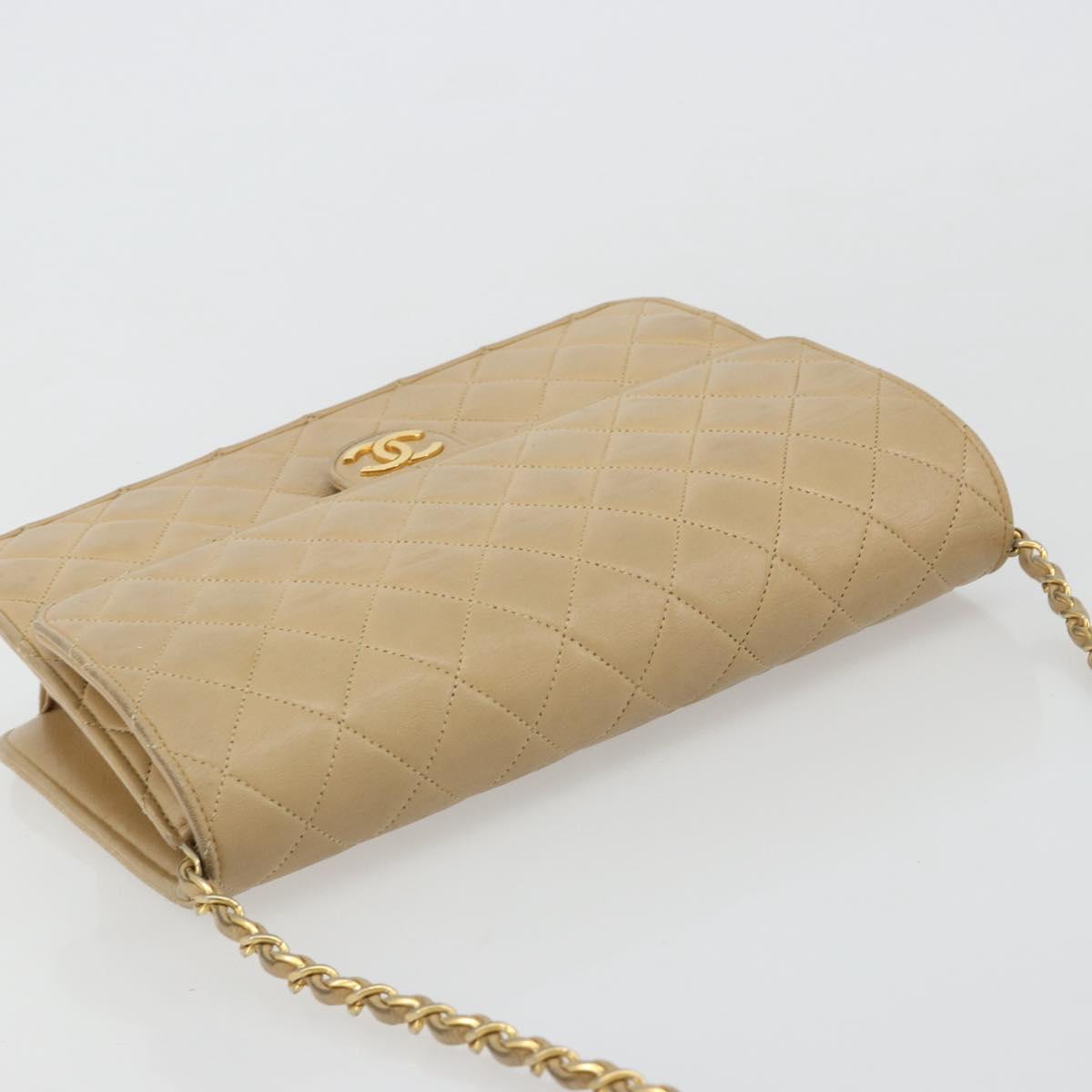 CHANEL Matelasse 25 Chain Shoulder Bag Lamb Skin Beige Gold CC Auth 182740