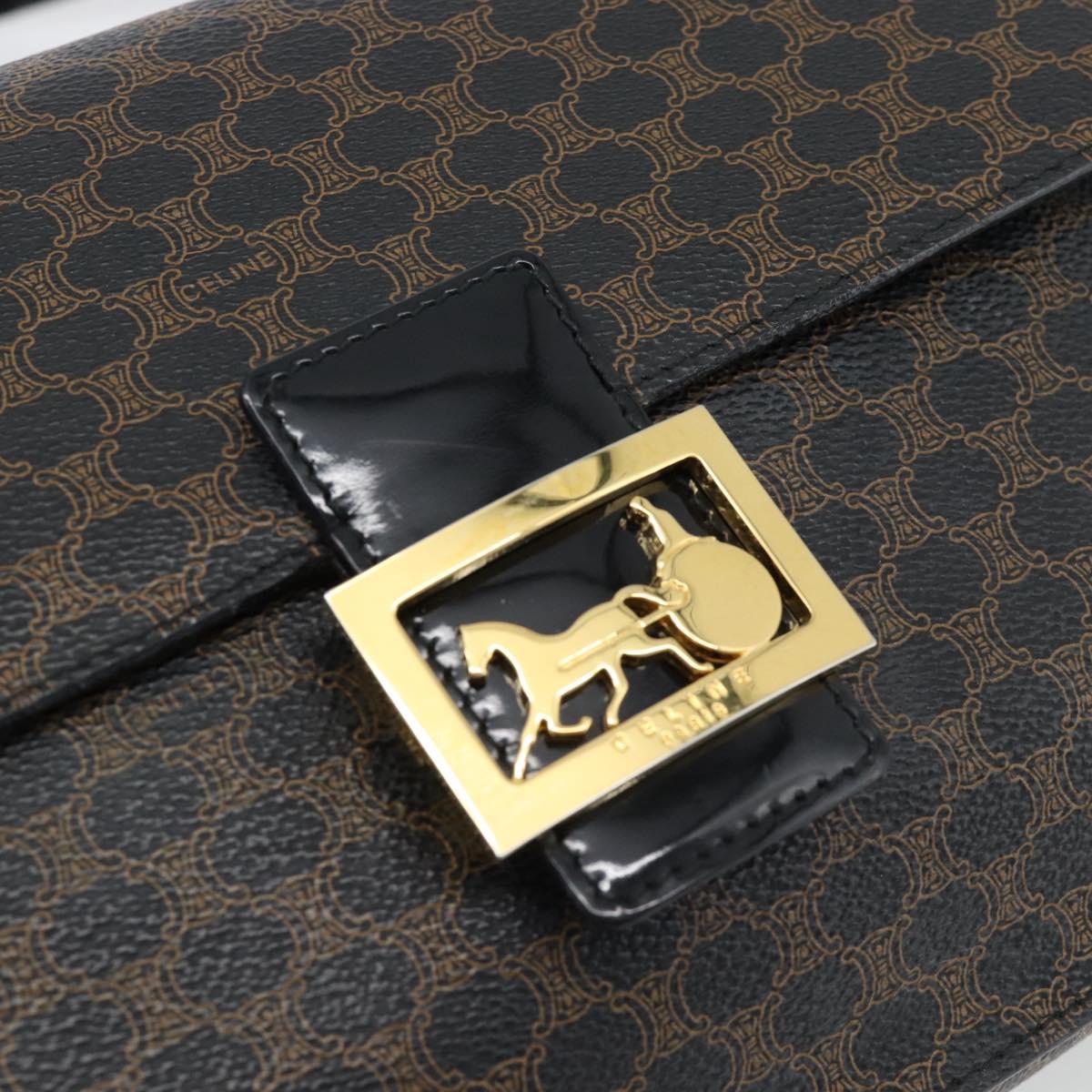 CELINE Macadam Canvas Horse Carriage Bag PVC Leather Black Gold Auth 182778V