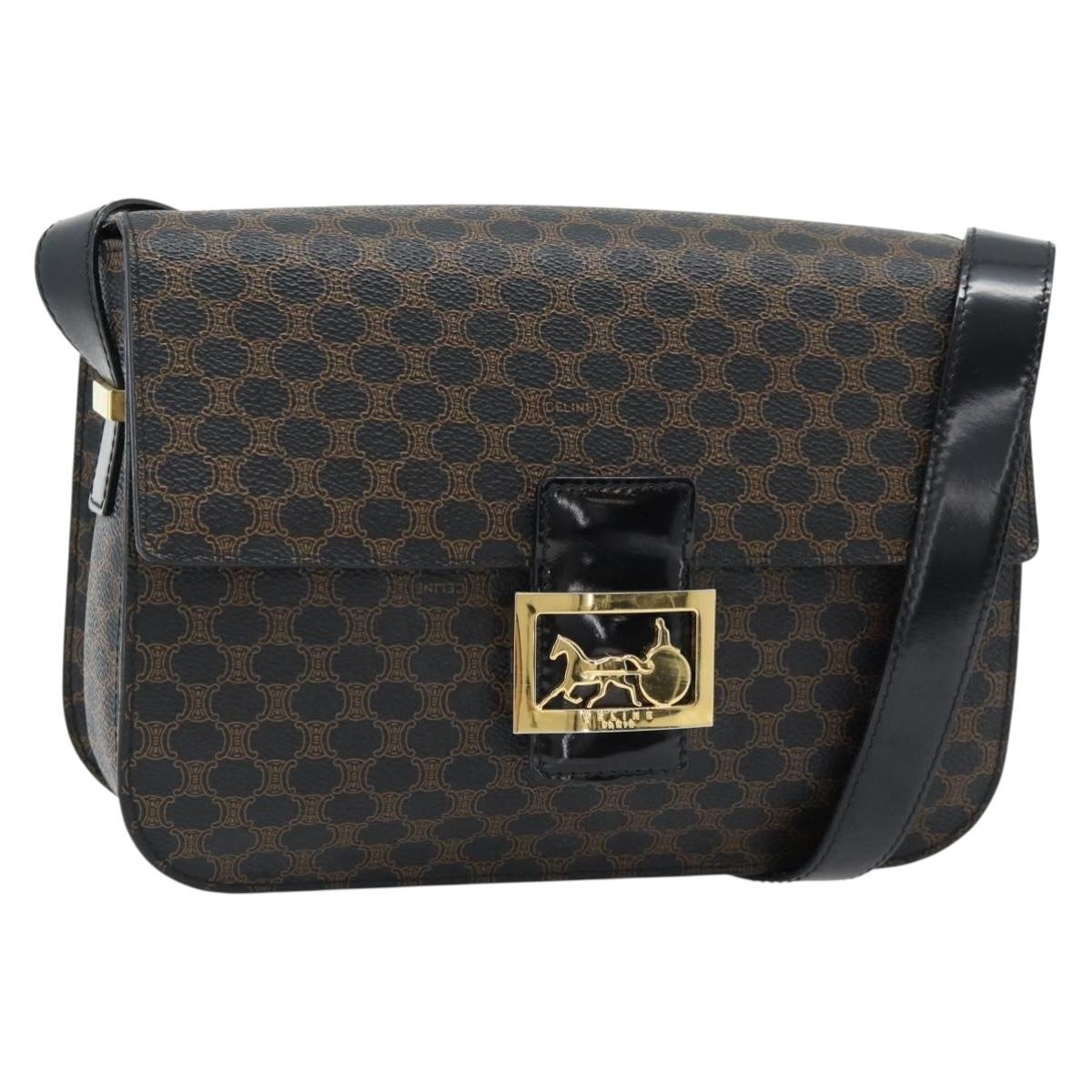 CELINE Macadam Canvas Horse Carriage Bag PVC Leather Black Gold Auth 182778V