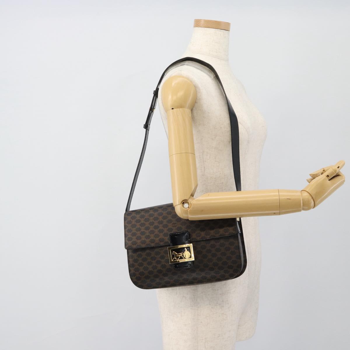 CELINE Macadam Canvas Horse Carriage Bag PVC Leather Black Gold Auth 182778V