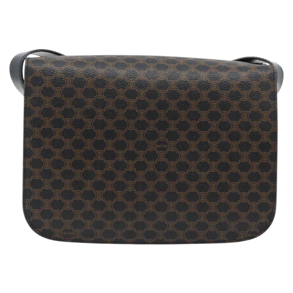 CELINE Macadam Canvas Horse Carriage Bag PVC Leather Black Gold Auth 182778V