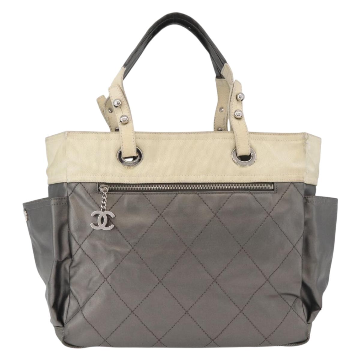 CHANEL Paris Biarritz MM Tote Bag Coated Canvas Silver CC Auth 182784