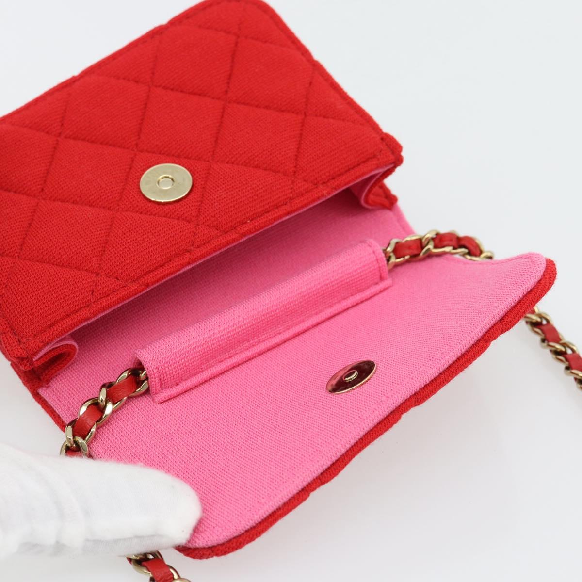 CHANEL Chain Mini Matelasse 12 Shoulder Bag Cotton Red Gold CC Auth 182786SM