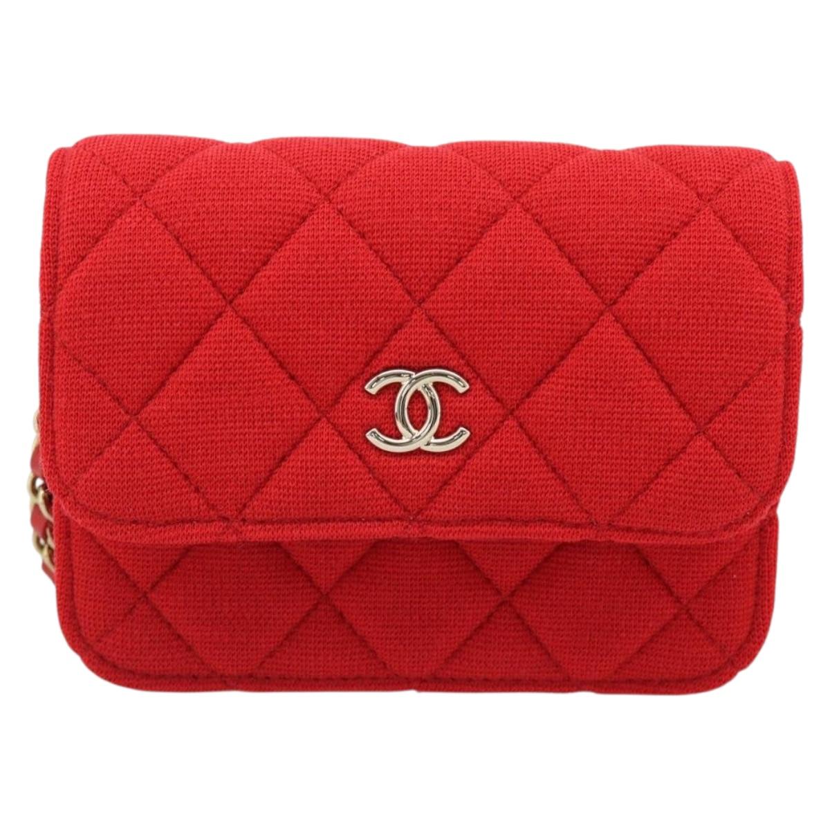 CHANEL Chain Mini Matelasse 12 Shoulder Bag Cotton Red Gold CC Auth 182786SM