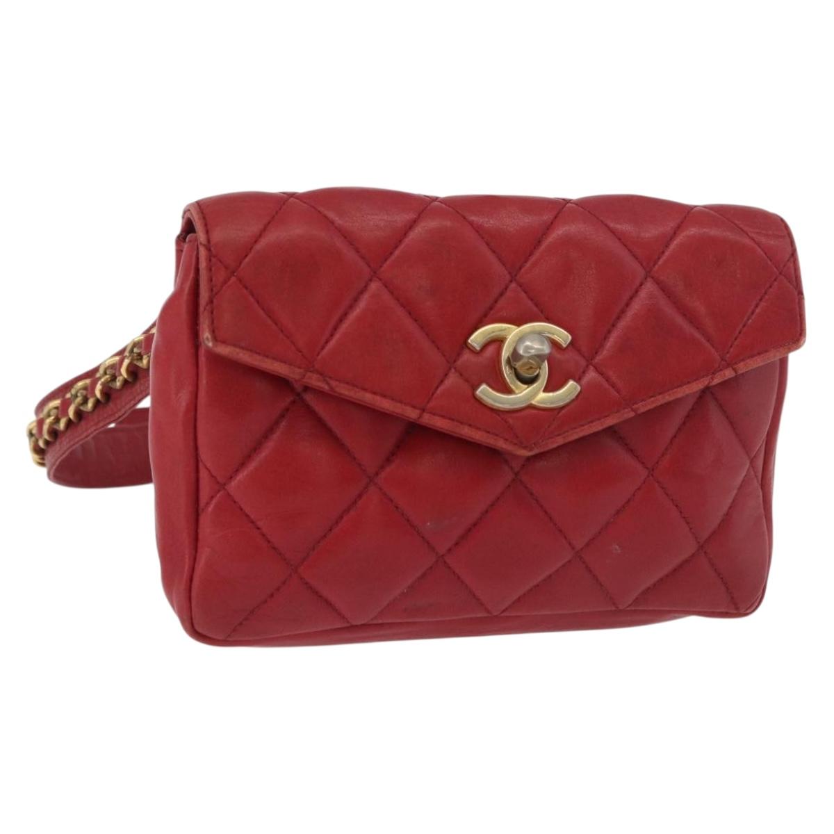 CHANEL Matelasse Waist bag Lamb Skin Red Gold CC Auth 182788
