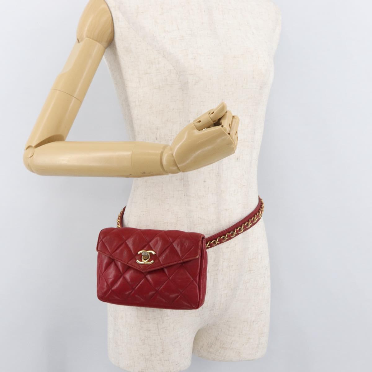 CHANEL Matelasse Waist bag Lamb Skin Red Gold CC Auth 182788