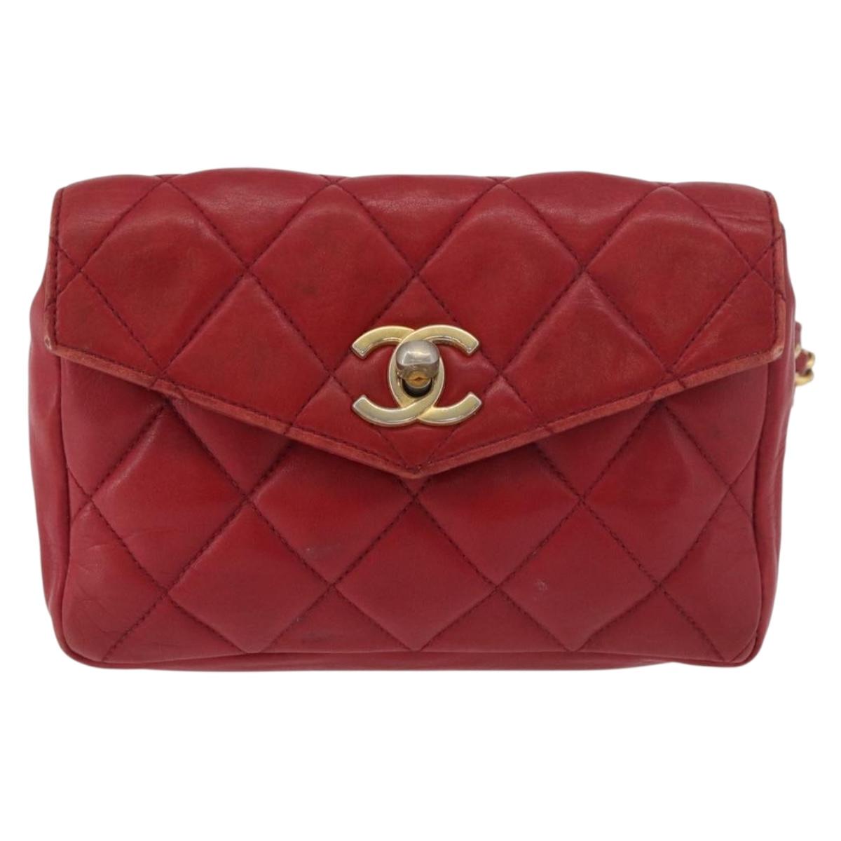 CHANEL Matelasse Waist bag Lamb Skin Red Gold CC Auth 182788