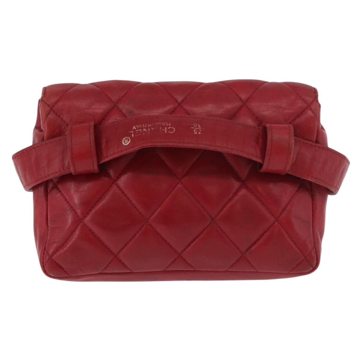 CHANEL Matelasse Waist bag Lamb Skin Red Gold CC Auth 182788