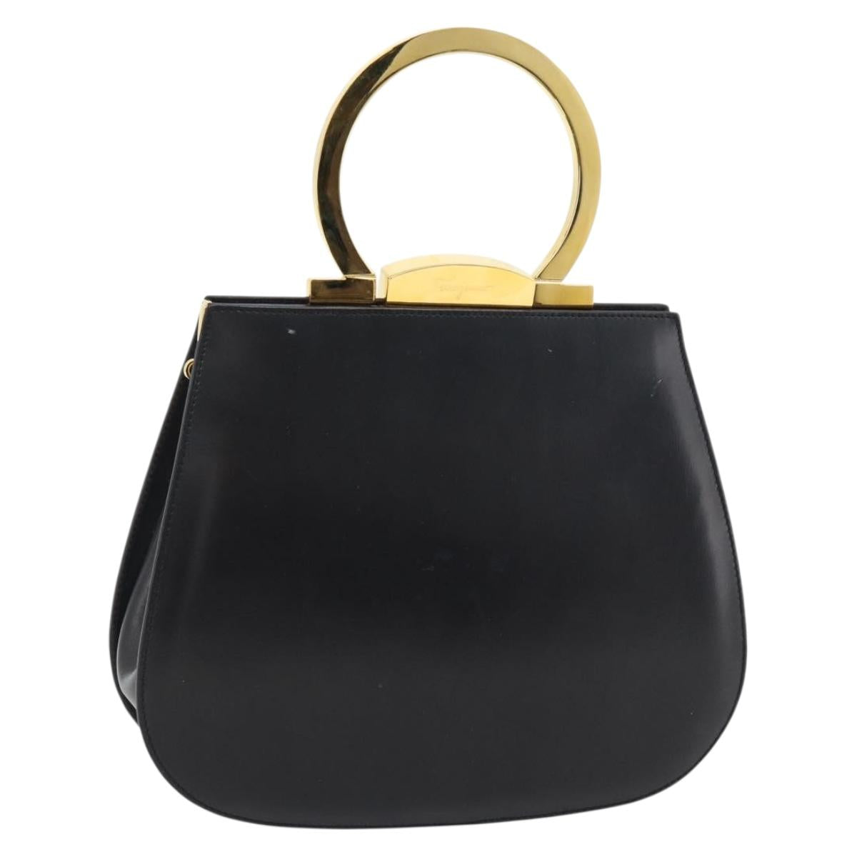 Salvatore Ferragamo Gancini Hand Bag Leather 2way Black Gold Auth 182803A