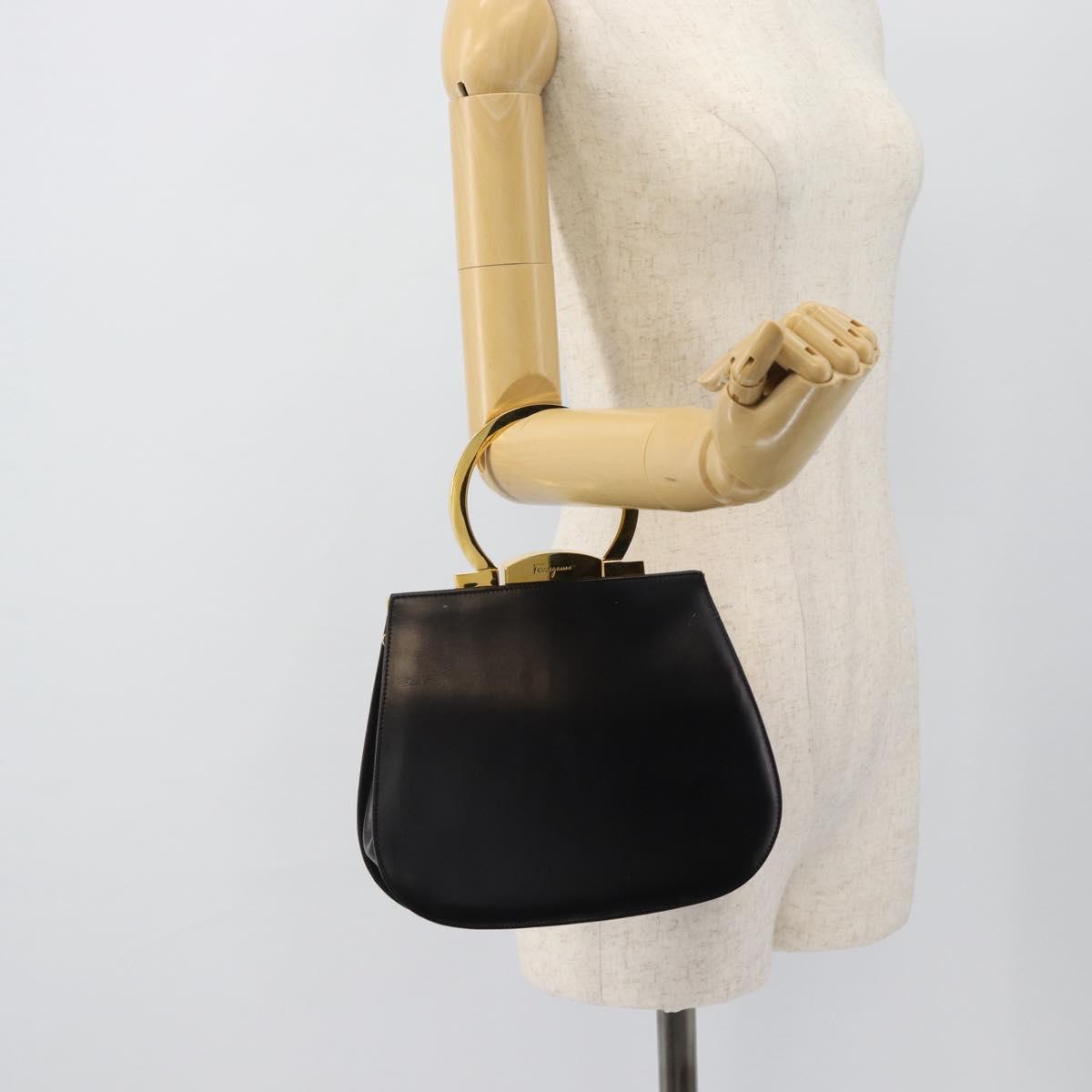 Salvatore Ferragamo Gancini Hand Bag Leather 2way Black Gold Auth 182803A