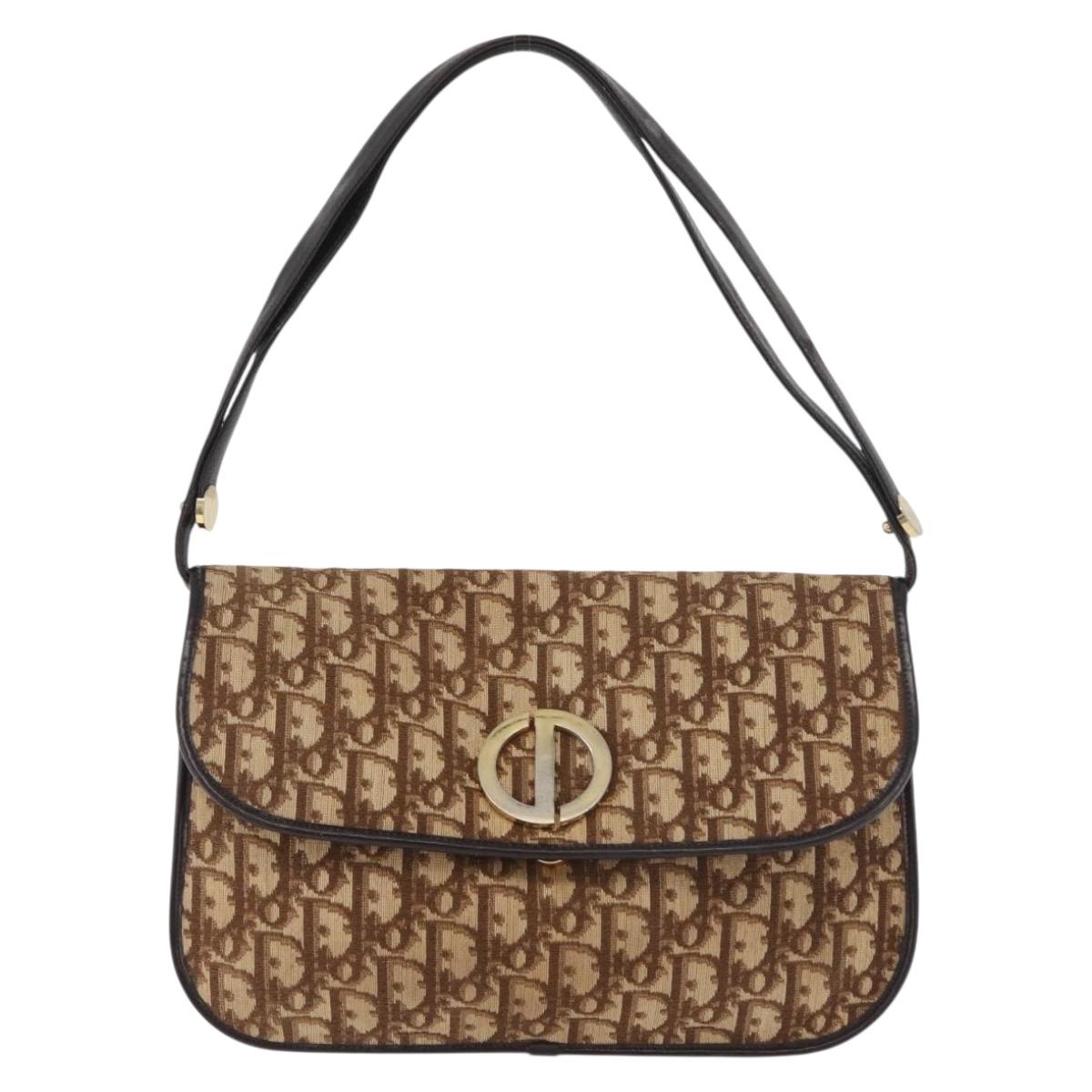 Christian Dior Trotter Canvas Shoulder Bag Beige Gold Auth 182811