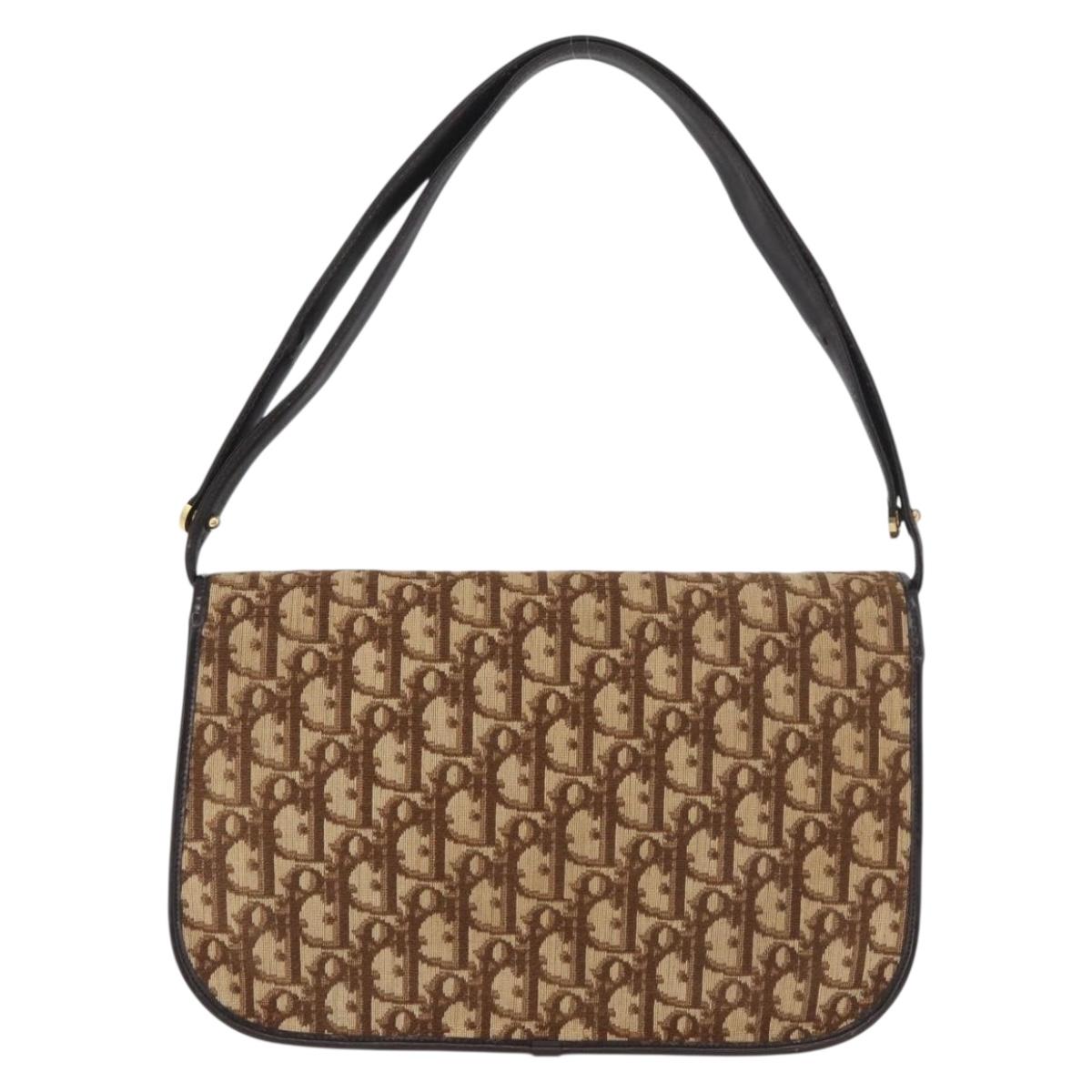 Christian Dior Trotter Canvas Shoulder Bag Beige Gold Auth 182811