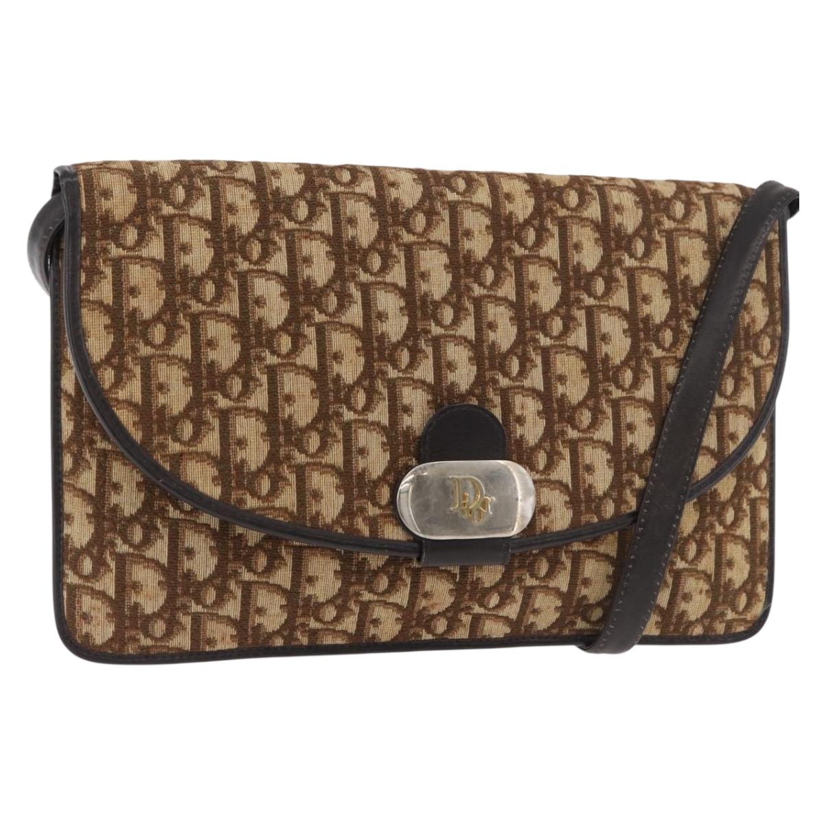 Christian Dior Trotter Canvas Shoulder Bag Beige Gold Auth 182812