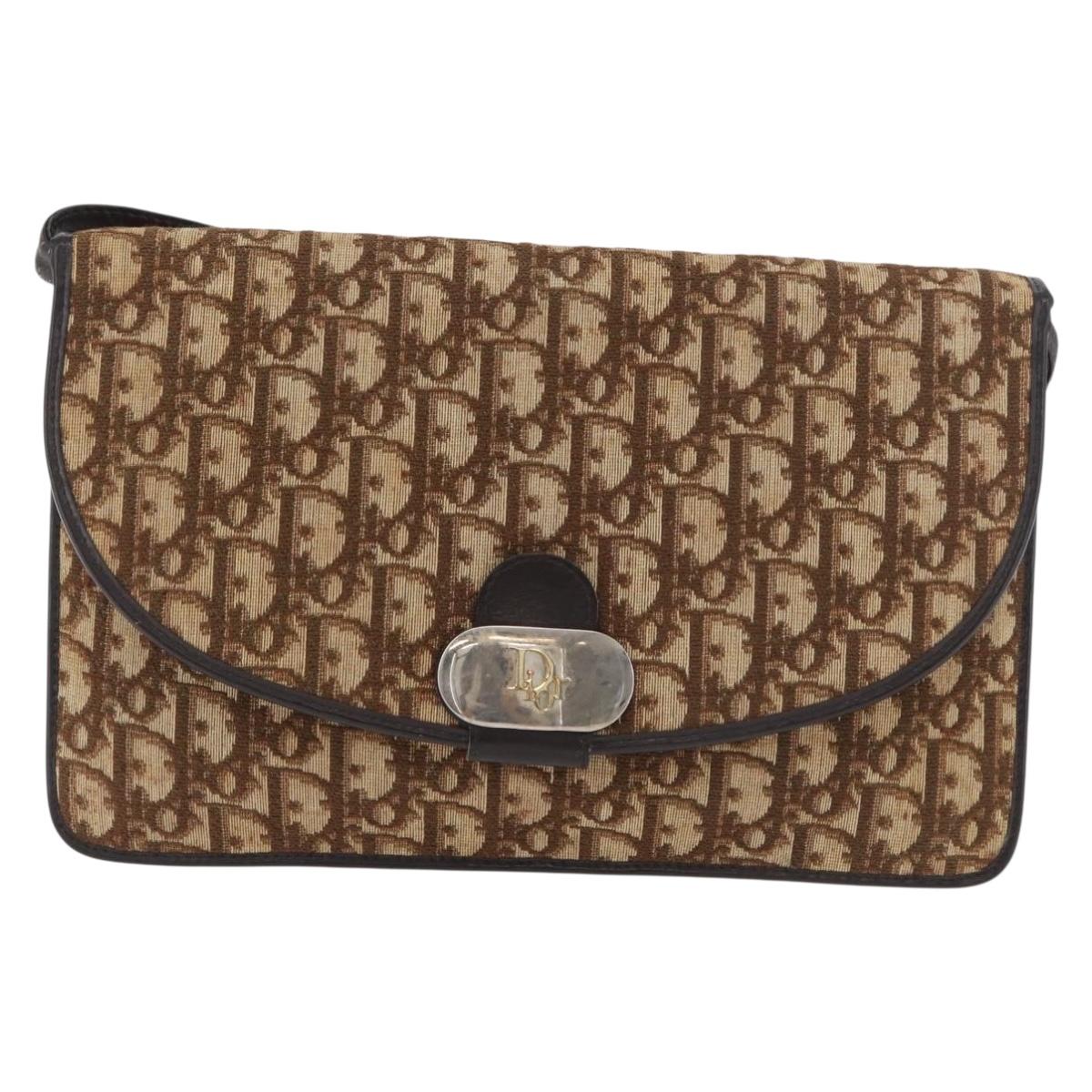 Christian Dior Trotter Canvas Shoulder Bag Beige Gold Auth 182812