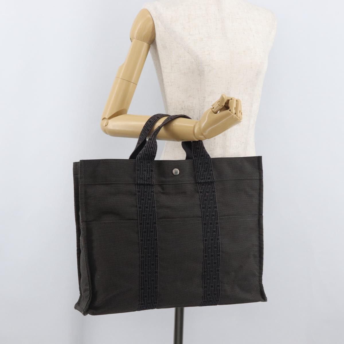 HERMES Her Line MM Hand Bag Canvas Gray Silver Auth 182867