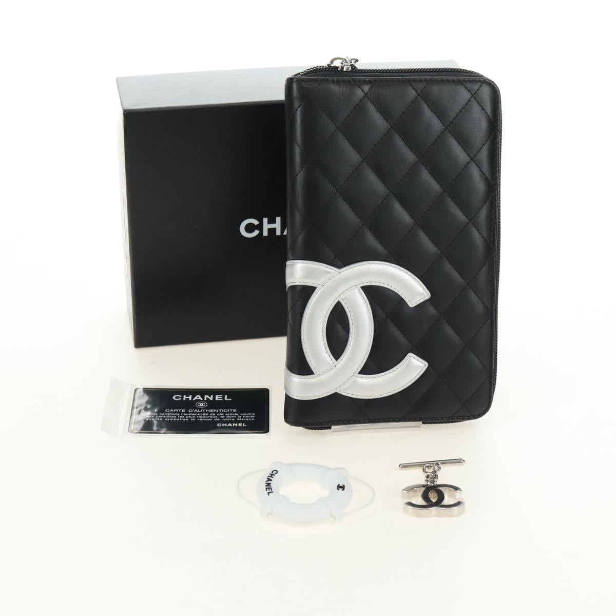 CHANEL Matelasse Cambon Line Wallet Leather Black Silver CC Auth 182878M