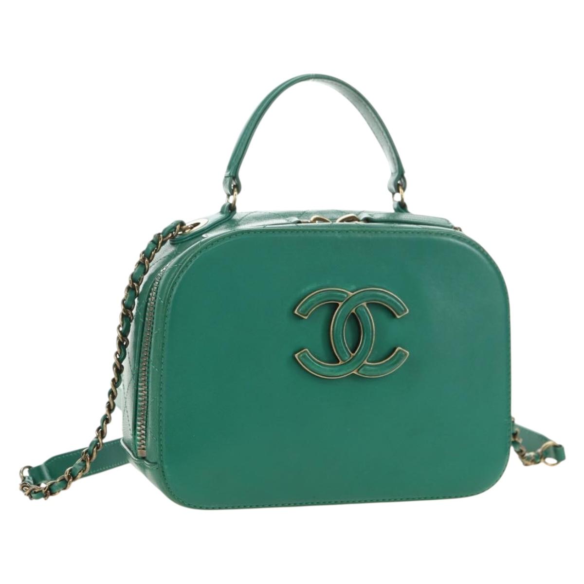 CHANEL Matelasse Chain Shoulder Bag Calf Skin 2way Green Gold CC Auth 182889V