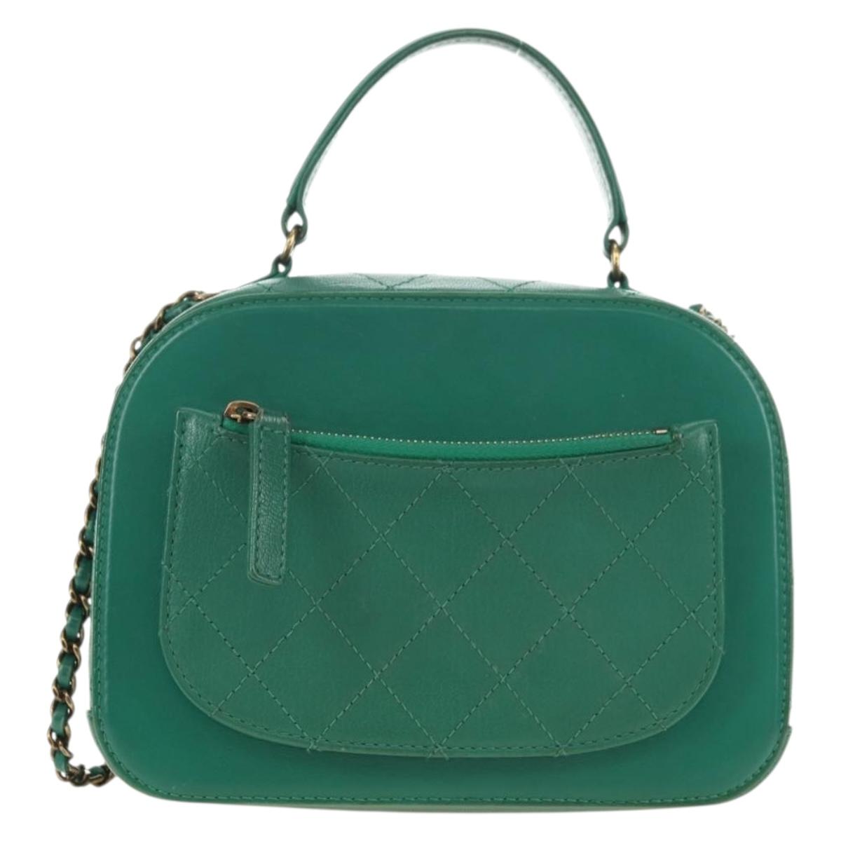 CHANEL Matelasse Chain Shoulder Bag Calf Skin 2way Green Gold CC Auth 182889V