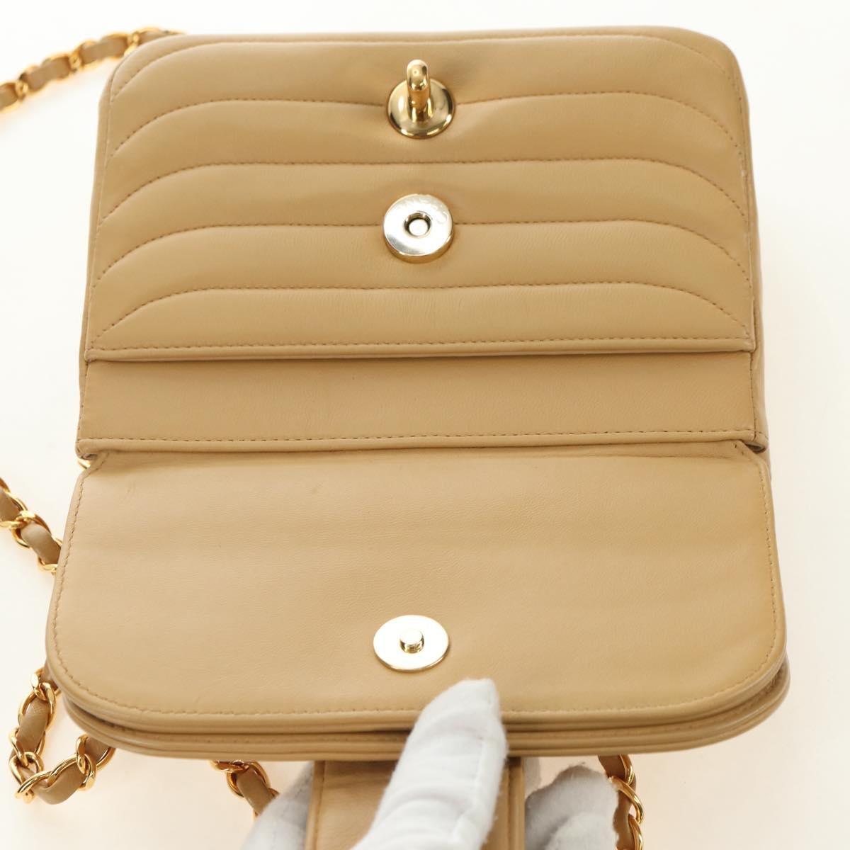 CHANEL Chain Shoulder Bag Lamb Skin Beige Gold CC Auth 182904SAV