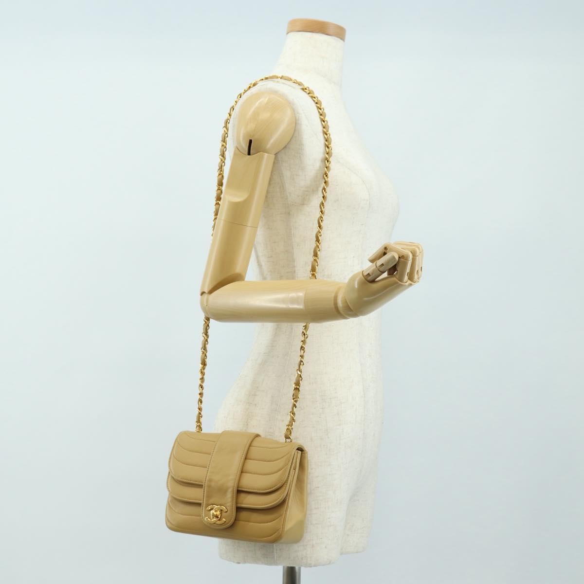 CHANEL Chain Shoulder Bag Lamb Skin Beige Gold CC Auth 182904SAV