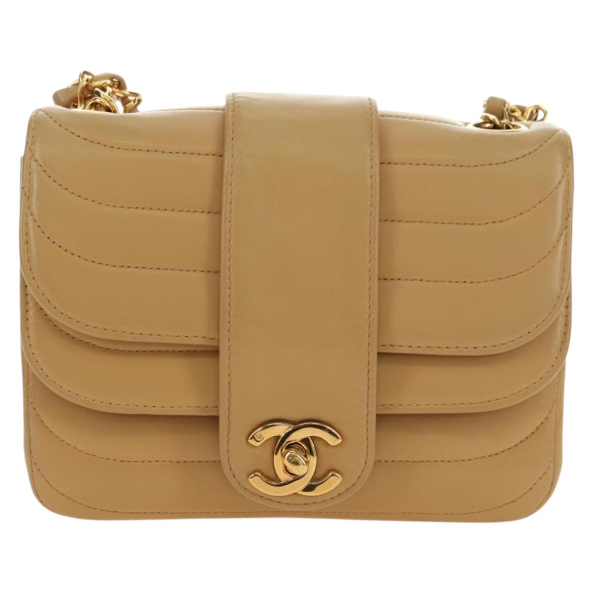 CHANEL Chain Shoulder Bag Lamb Skin Beige Gold CC Auth 182904SAV