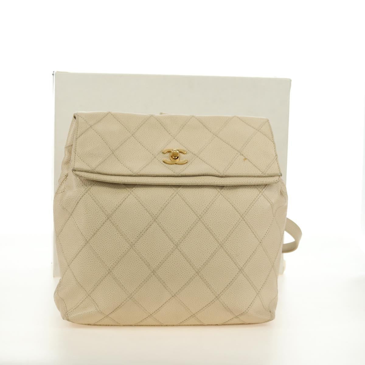 CHANEL Bicolore Backpack Caviar Skin Beige Gold CC Auth 182907V