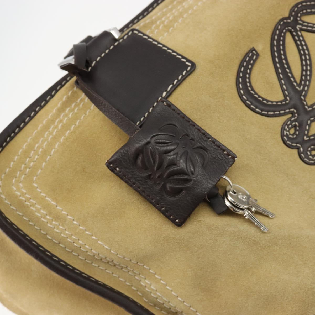 LOEWE Anagram Amazona 36 Hand Bag Suede Leather Beige Gold Auth 182921A