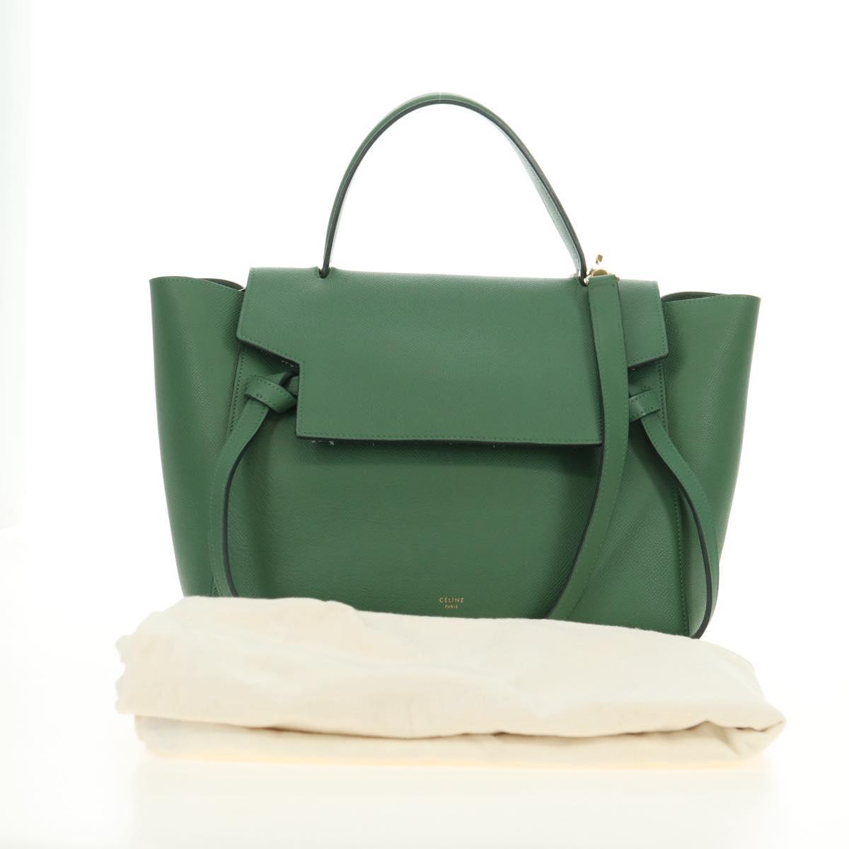 CELINE Mini Belt Hand Bag Leather 2way Green Gold Auth 182924M