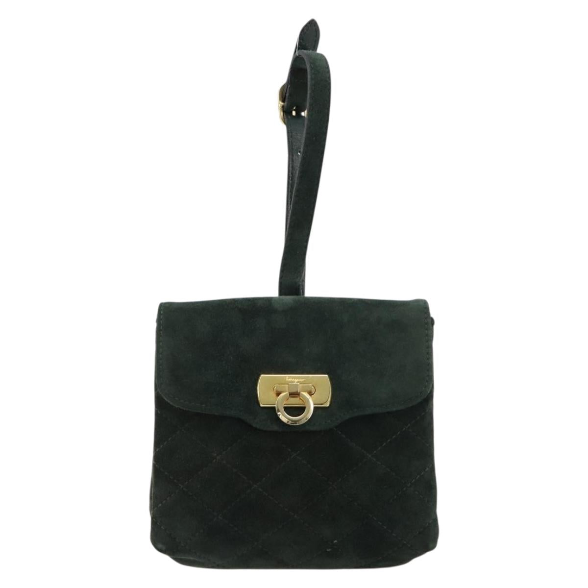 Salvatore Ferragamo Gancini Hand Bag Suede Green Gold Auth 182928