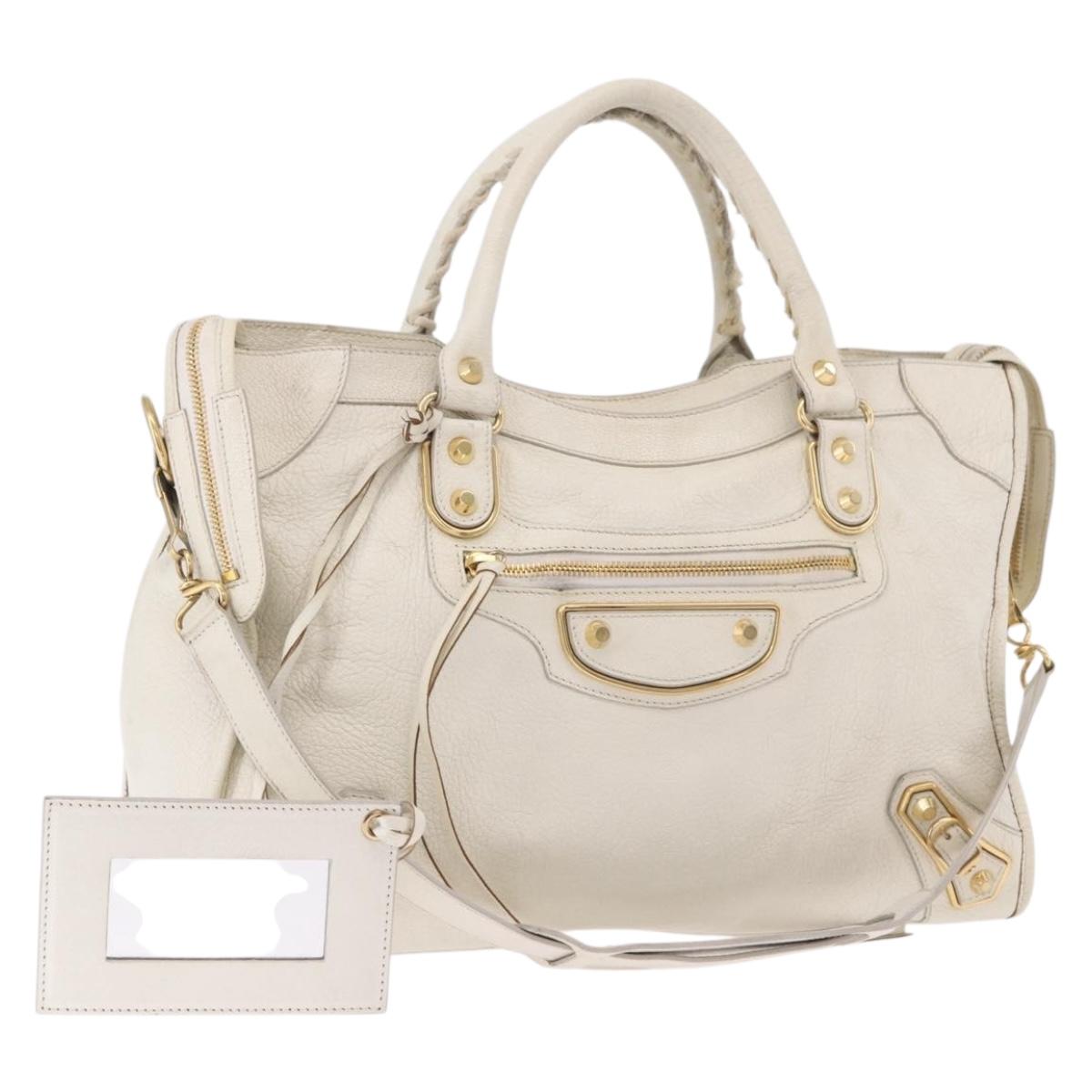 BALENCIAGA The City Metallic Edge Bag Leather 2way White 390154 Auth 182929A