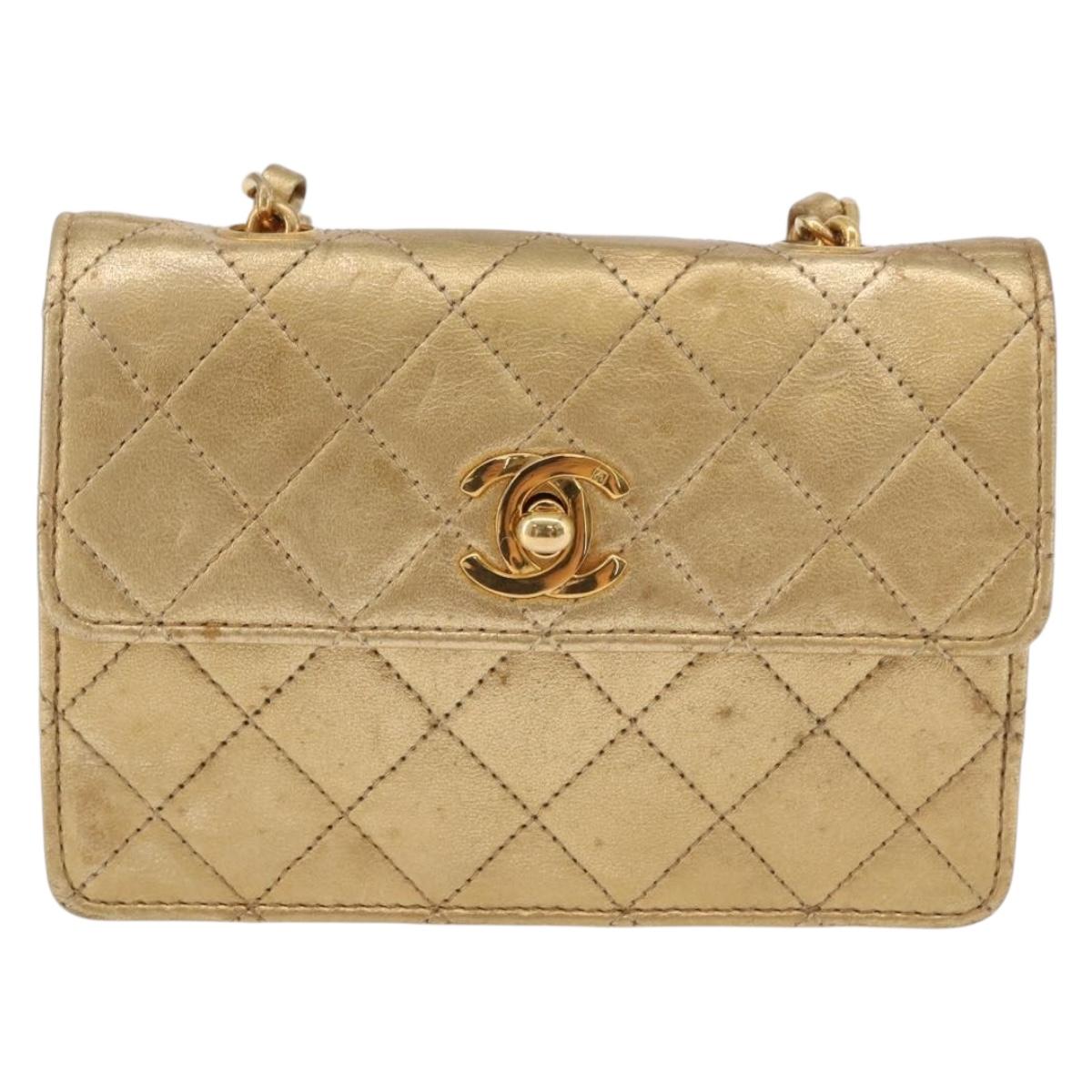 CHANEL Matelasse Chain Shoulder Bag Lamb Skin Gold CC Auth 182936M