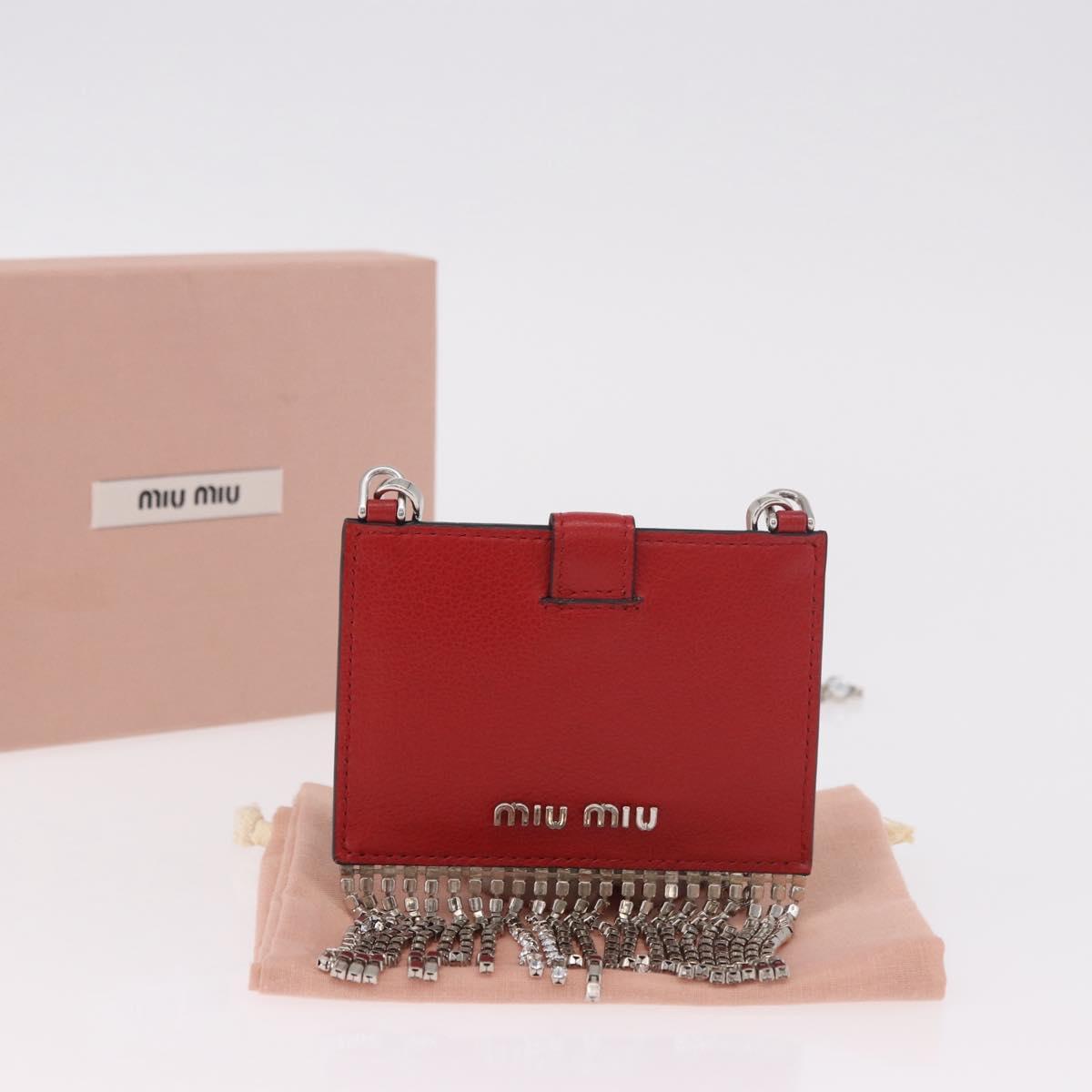 Miu Miu Chain Shoulder Card Case Leather Red Silver Auth 182957SM