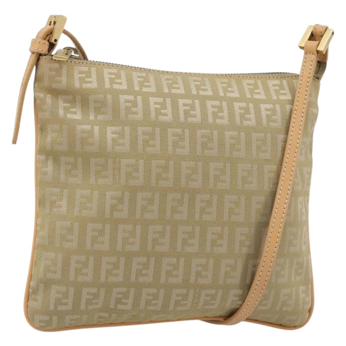 FENDI Zucchino Canvas Shoulder Bag Beige Gold Auth 182966A
