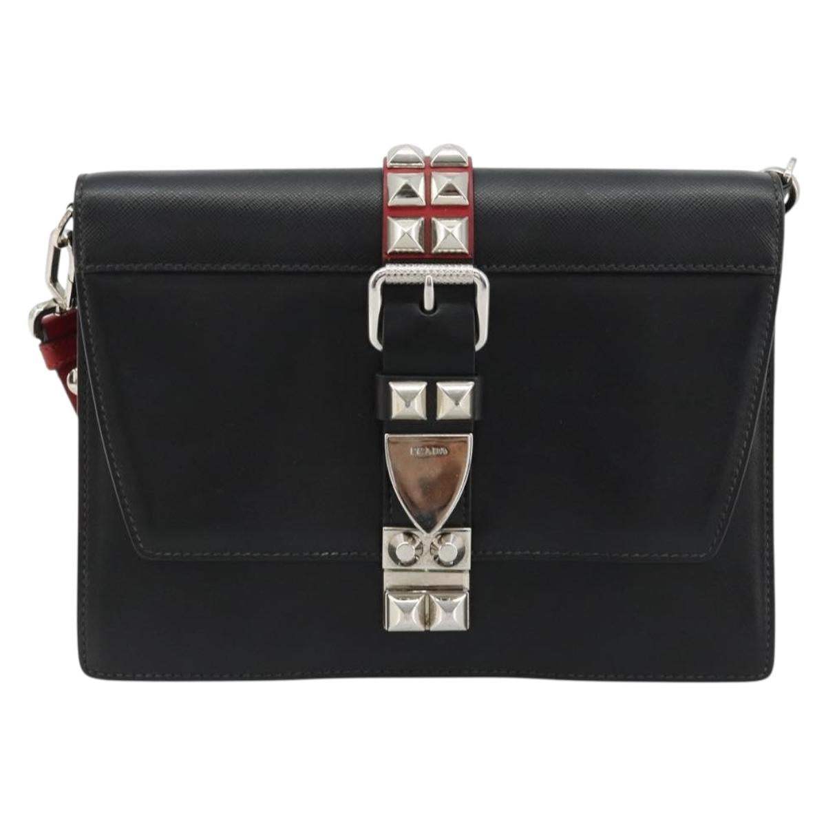 PRADA Electra Studs Shoulder Bag Leather Black Silver Auth 182970V