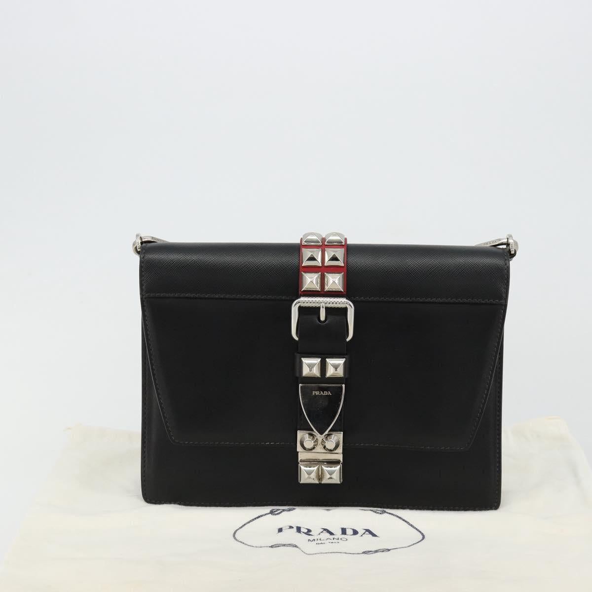 PRADA Electra Studs Shoulder Bag Leather Black Silver Auth 182970V