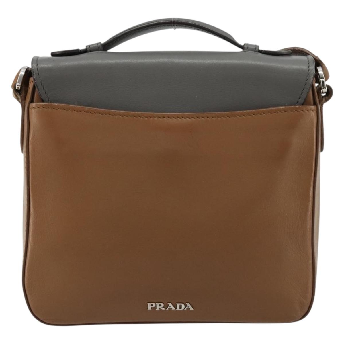 PRADA Shoulder Bag Leather Brown Silver Auth 182972A