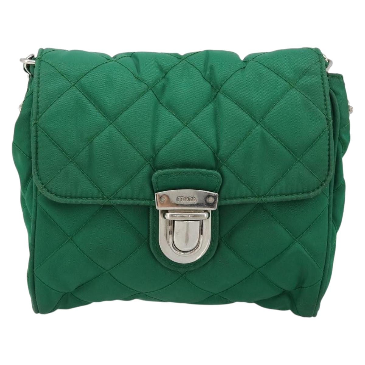 PRADA Chain Shoulder Bag Nylon Green Silver Auth 182973A