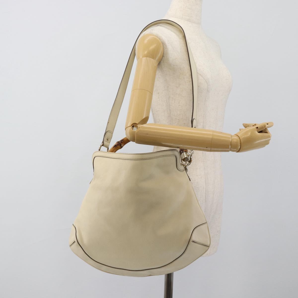 GUCCI Bamboo horsebit Shoulder Bag Leather 2way Ivory Gold 169961 Auth 182975