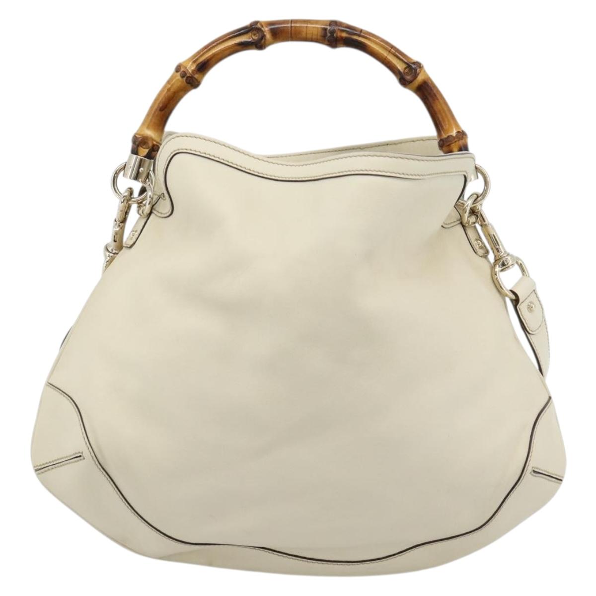 GUCCI Bamboo horsebit Shoulder Bag Leather 2way Ivory Gold 169961 Auth 182975