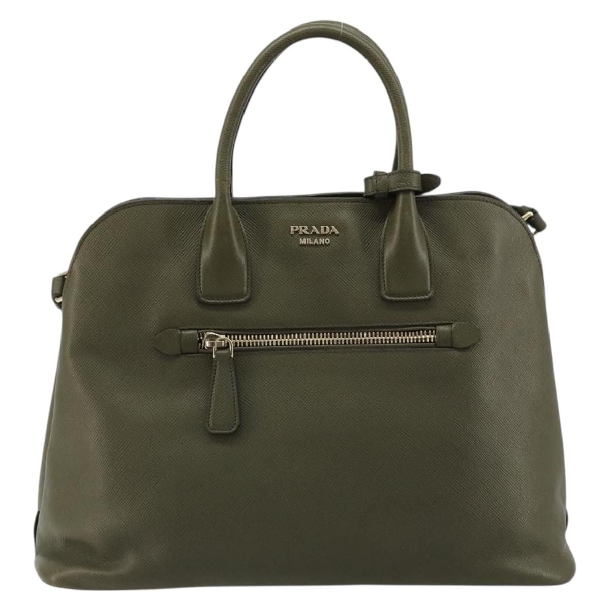 PRADA Cuir Open Promenade Satchel Bag Saffiano 2way Khaki Gold Auth 182976A