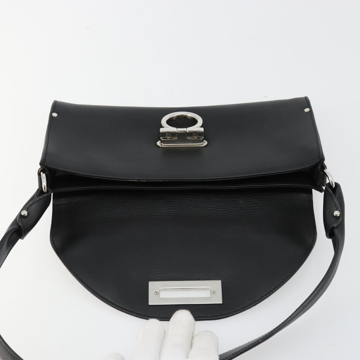 Salvatore Ferragamo Gancini Shoulder Bag Leather Black Silver Auth 182998A