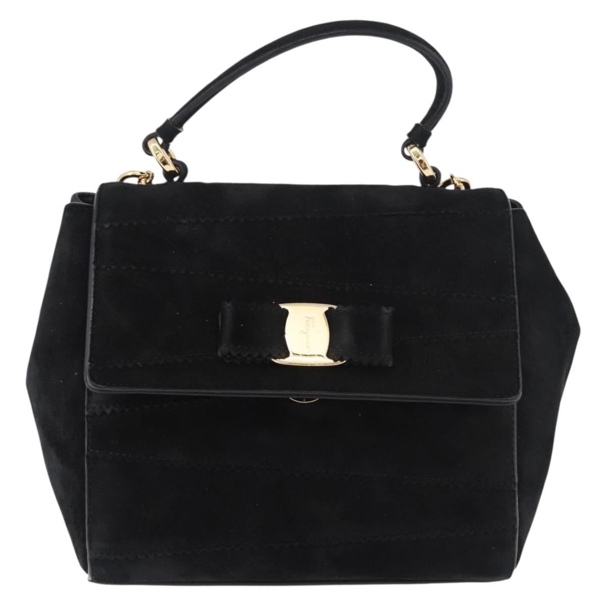 Salvatore Ferragamo Vala Chain Shoulder Bag Suede 2way Black Gold Auth 183018A